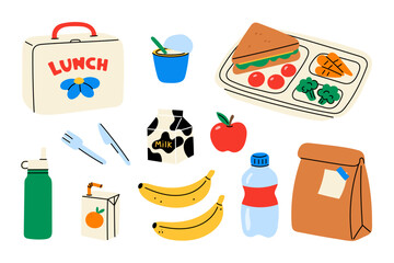 School lunch set. Cute cartoon lunch box, food tray with sandwich and vegetables, juice box, fruits, milk carton, water bottle, paper bag with note. Flat vector illustration