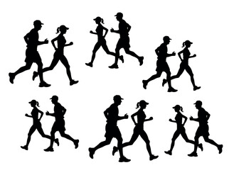 Running Silhouettes of Men and Women in Various Running Positions, fitness, sport, exercise, runners, marathon, triathlon, healthy lifestyle, running, vector black silhouettes of men and women running
