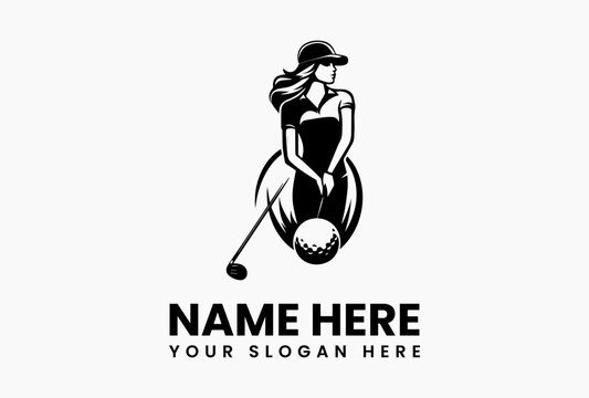 Abstract geometric woman golfer with angular club, modern logo for tech-driven training programs 