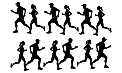 Running Silhouettes of Men and Women in Various Running Positions, fitness, sport, exercise, runners, marathon, triathlon, healthy lifestyle, running, vector black silhouettes of men and women running