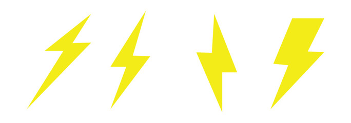 Lightning bolt icons set isolated on white background. Black flash symbol, thunderbolt vector illustration. Simple lightning strike sign