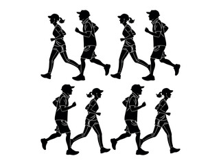 Running Silhouettes of Men and Women in Various Running set vector design Positions, A repeating pattern of black silhouettes of men and women running, pattern, sports apparel, activewear, active life