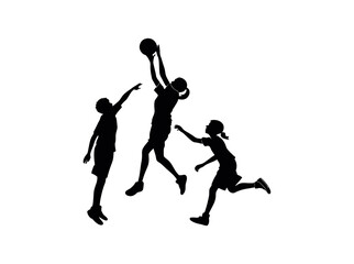 Silhouette of Children Playing Basketball, Dynamic silhouette of children playing basketball, showcasing various stages of the action. children, kids, boys, basketball, playing, sport, activity, jumpi