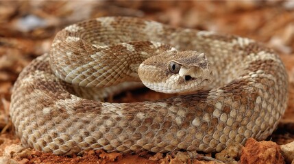 Obraz premium Camouflaged Rattlesnake Coiled on Brown Leaf Litter