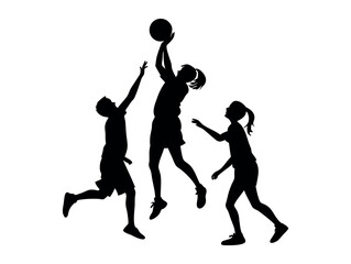 Silhouette of Children Playing Basketball, Dynamic silhouette of children playing basketball, showcasing various stages of the action. children, kids, boys, basketball, playing, sport, activity, jumpi