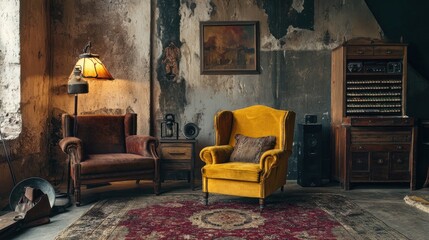 Vintage Interior: A Serene Yellow Chair in a Rustic Room
