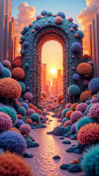 Colorful abstract landscape with bright arch and sunset in a fantastic setting. Surrealism