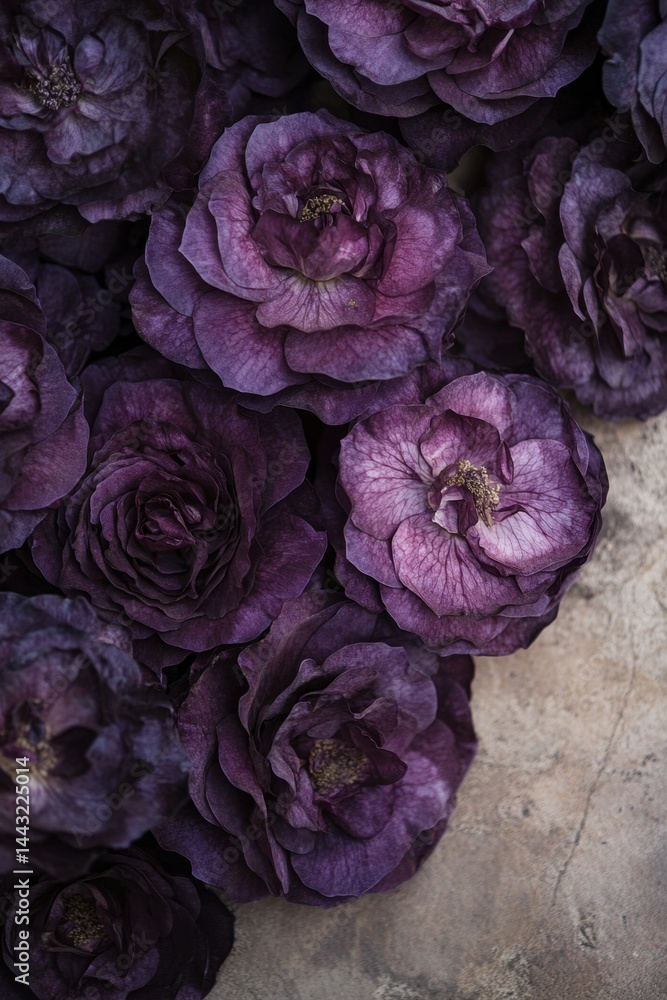 Poster moody dark purple roses in a close up shot with a soft focus creating an intimate and romantic flowe