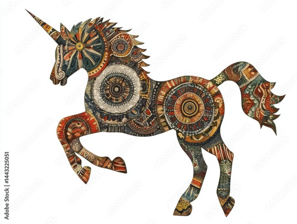 Poster intricate unicorn artwork with detailed patterns and vibrant colors against a clean white background