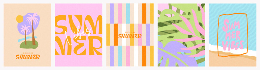 Creative concept of summer vacation cards set with abstract pattern, tropical leaves, plants, palms and sea beach. Modern art design templates for ads, branding, banner, cover, label, poster, print