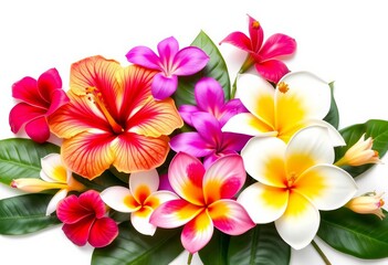 Vibrant hibiscus, orchids, birds of paradise, and plumeria blossoms, isolated on white,  illustration, colorful
