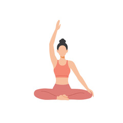 Young woman practicing yoga in a meditative pose with one arm raised against a white background