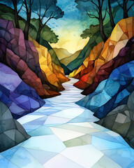 Watercolor surreal river landscape colorful geometric abstract nature flow through vibrant hills