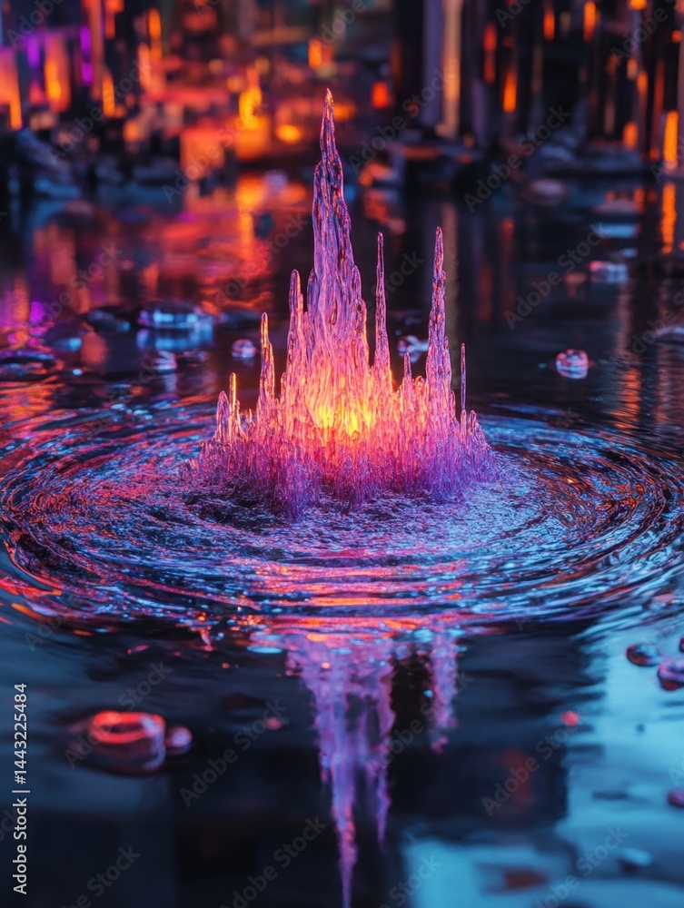 Poster enchanting crystalline structure rising from water surface reflecting vibrant city lights creating a