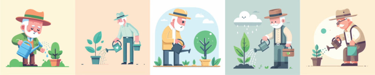 vector grandfather watering plants
