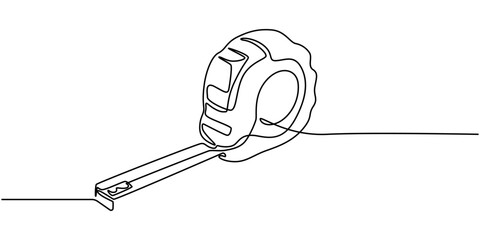 Measuring tape  in one continuous line drawing. Symbolizing industrial tools and craftsmanship, Tape measure in line art drawing style. Flexible ruler black line sketch on white background.