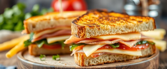 Close-up of two golden-brown toasted sandwiches; ham, cheese, and vegetables blurred in background,  visual, fast food