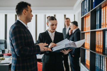 Group of business people collaborating on paperwork in a contemporary office setting