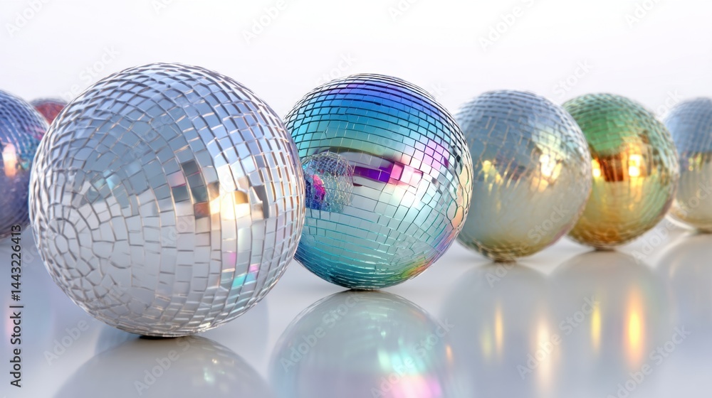 Poster shimmering disco balls reflecting light in a vibrant display of color and texture creating a festive
