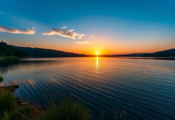 Sunrise over tranquil lake, calming nature scene, outdoor, body