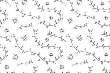 hand drawn flower and leaves repeated background design, vector seamless pattern