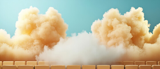 Theater seats transform into cloudlike forms, creating dreamy, surreal atmosphere with soft, fluffy textures