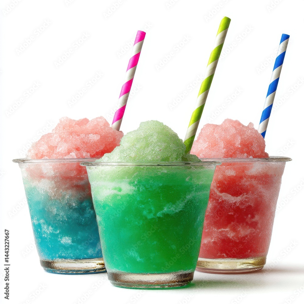Poster refreshing frozen drinks with vibrant colors and striped straws on a white background creating a sum