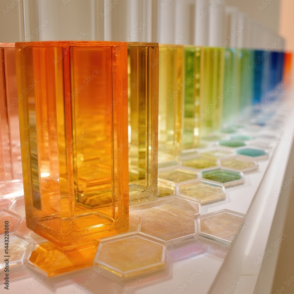 Aufkleber colorful glass containers arranged in a spectrum on a white surface creating a vibrant and modern ae