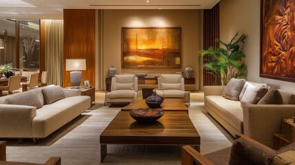 Fototapeta premium Luxurious Living Room Interior Design: Evening Ambiance