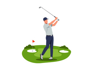 Golfer mid-swing on a green with a hole and flag. Vector illustration of a man playing golf. Focus on the action and the course elements.
