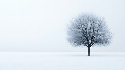 Solitary tree in winter snow outdoor landscape minimalistic scene white background serene viewpoint