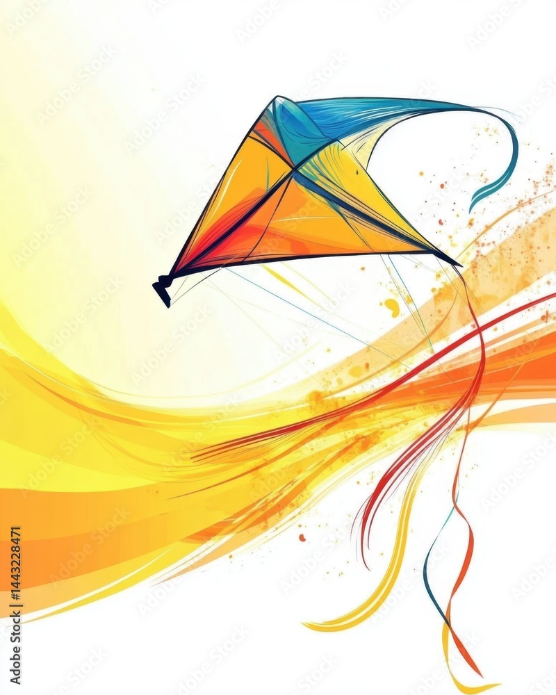 Poster artistic kite illustration with vibrant colors and dynamic lines against a soft background creates a