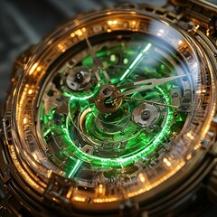 Naklejka premium Luxurious Gold Timepiece with Green Illumination