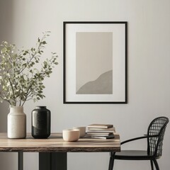 Minimalist Beige Abstract Landscape Print On Wall In Modern Dining Room