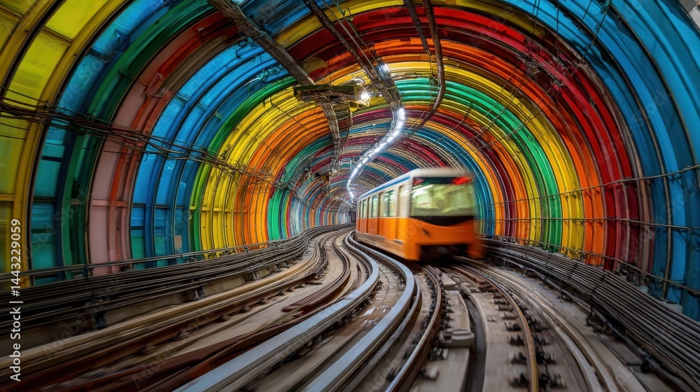 Poster vibrant subway tunnel with a speeding train showcasing urban transit and colorful architecture in mo