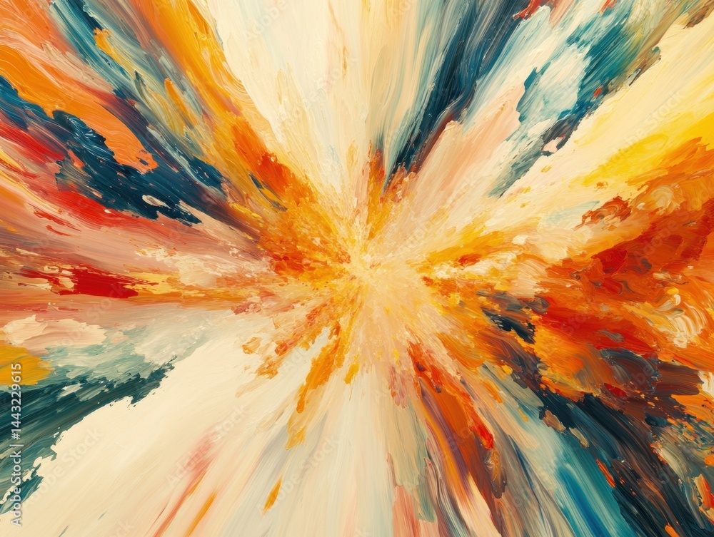 Poster dynamic explosion of vibrant colors in abstract painting style showcasing energy and movement in a m