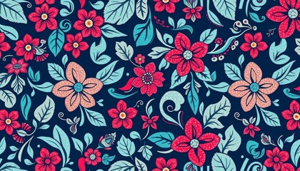 Hand-drawn batik floral seamless pattern, block print style, vector Leaves, flowers, swirls, empty space, print, nature