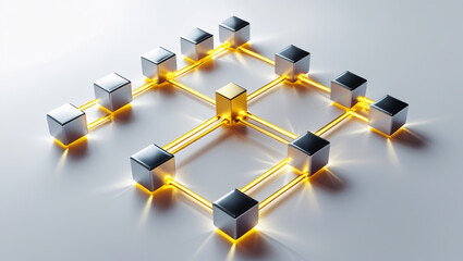 Digital Network Grid: An abstract representation of a network or system, golden connection cubes radiating connections, a clean, futuristic, and connected feel.