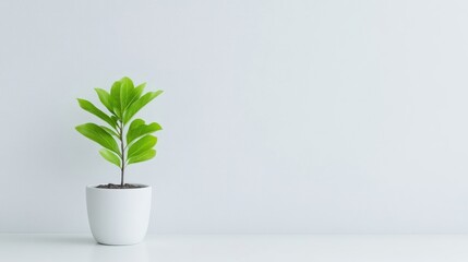 Fototapeta premium Single plant in white pot against a plain white backdrop