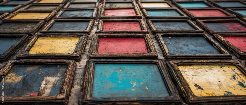 Poster colorful weathered wood squares create an artistic mosaic pattern with rustic texture and vintage ch