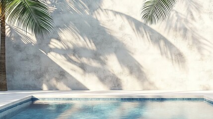 A summery tropical scene with a plaster wall, pool, and palm tree shadow. Imagine a fancy hotel poolside. Perfect for a beach vacation or a stylish holiday home.
