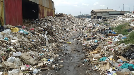 Pile of waste in the environment: an overwhelming view of a massive pile of refuse in an outdoor landfill, creating a harsh and stark impression on the surrounding area.