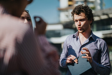 A diverse group of business partners engages in a meeting outdoors in a bustling urban setting,...