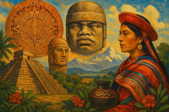 Ancient Civilizations: Indigenous Woman with Olmec Heads and Ancient Pyramid