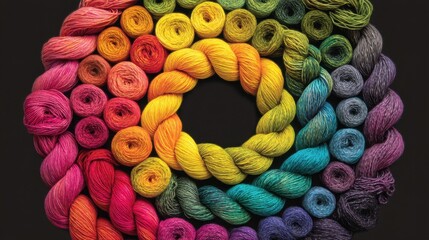 Vibrant yarn arrangement in a circular pattern against a dark background creating a captivating visual display colorful wool craft material knitting hobby texture
