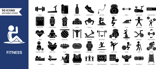 Naklejka premium Fitness editable icon set in solid style. Fitness icon set containing types of physical activity, proper nutrition, and sports equipment, and more. Vector illustration