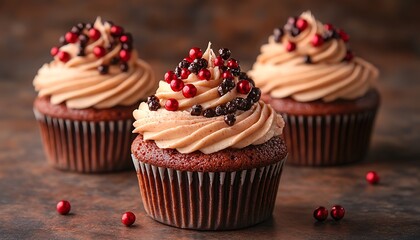 Three chocolate cupcakes with creamy frosting and red and brown sprinkles