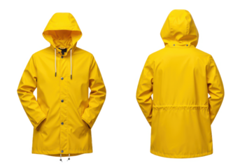 Front and back view of a yellow raincoat with hood isolated on white background