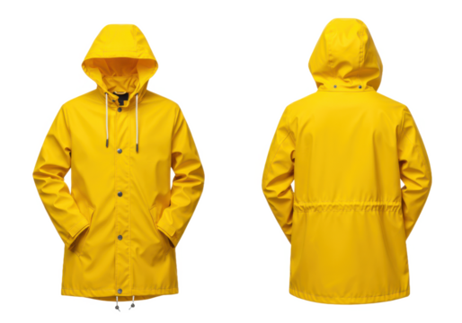 Front and back view of a yellow raincoat with hood isolated on white background