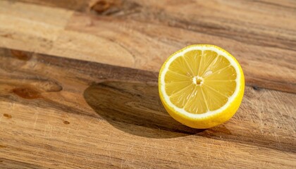 Lemon Slice on Wood: A close-up photograph showcasing a halved lemon, revealing its juicy segments and bright yellow flesh, on a textured wooden surface, capturing a vibrant burst of citrus freshness.